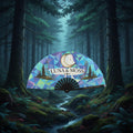 Luna & Moss hand fan open showing geometric stained-glass design in blues, purples, and greens with pine tree logo