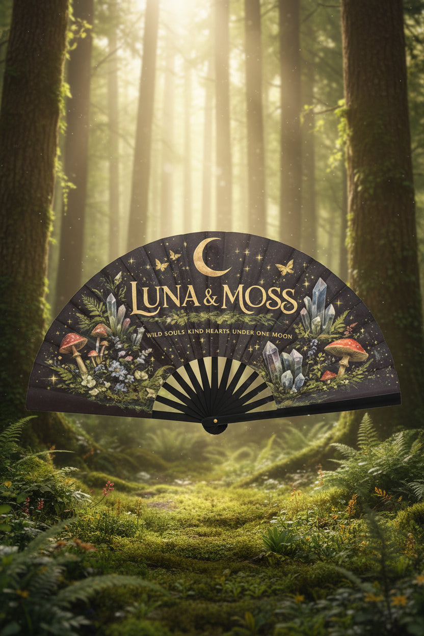 Luna & Moss hand fan Design 3 - dark mystical theme with crystals, mushrooms and crescent moon