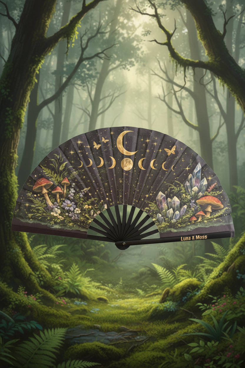Luna & Moss hand fan Design 4 - dark theme with moon phases, mushrooms, crystals and Wild Souls tagline