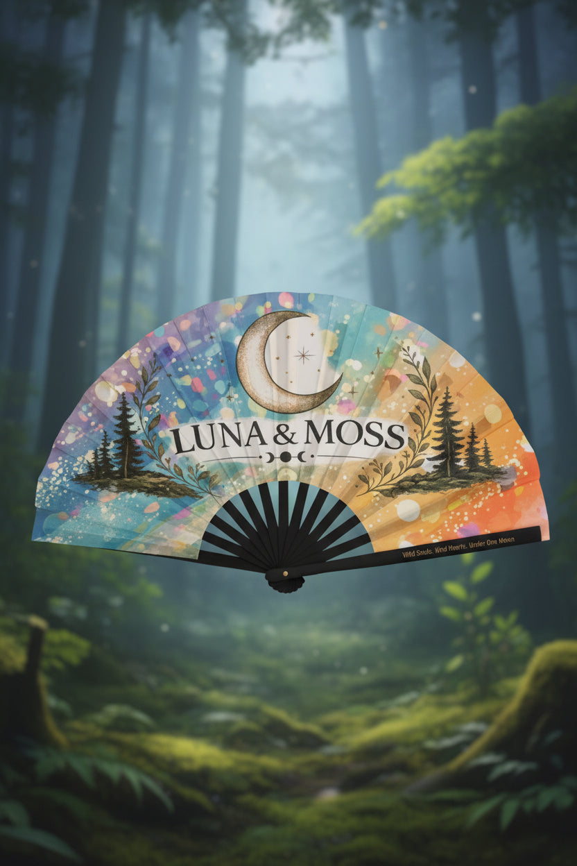 Luna & Moss hand fan Design 2 - watercolor forest scene with crescent moon in warm golden tones